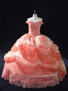 Sleeveless Organza Floor Length Lace Up Sweet 16 Quinceanera Dress in Watermelon Red with Beading and Sequins