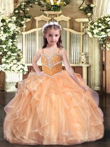 Straps Sleeveless Lace Up High School Pageant Dress Peach Organza