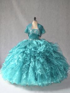 Sleeveless Organza Floor Length Lace Up Vestidos de Quinceanera in Turquoise with Beading