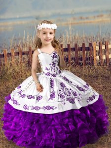 Beauteous Purple Ball Gowns Organza Straps Sleeveless Embroidery and Ruffles Floor Length Lace Up Kids Formal Wear