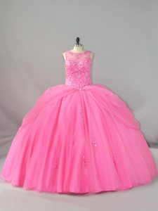 Modern Rose Pink Tulle Lace Up Scoop Sleeveless Quince Ball Gowns Brush Train Beading and Appliques