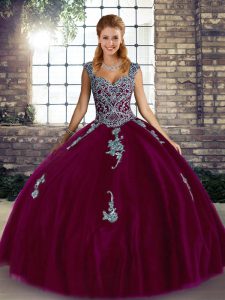 Straps Sleeveless Lace Up Quinceanera Dress Fuchsia Tulle