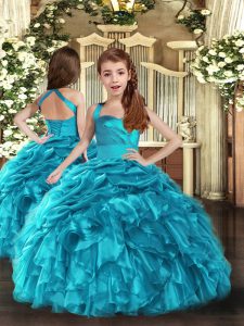 Attractive Sleeveless Floor Length Ruffles and Ruching Lace Up Little Girl Pageant Dress with Baby Blue