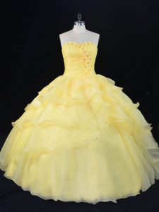 Yellow Organza Lace Up Sweetheart Sleeveless Floor Length Sweet 16 Dresses Hand Made Flower