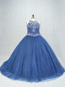 Navy Blue Ball Gowns Beading Sweet 16 Quinceanera Dress Lace Up Tulle Sleeveless