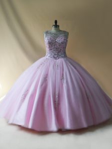 Comfortable Baby Pink Ball Gowns Tulle Scoop Sleeveless Beading Floor Length Lace Up Quinceanera Gown