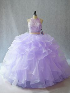 Backless Sweet 16 Dress Lavender for Sweet 16 and Quinceanera with Beading and Ruffles Brush Train