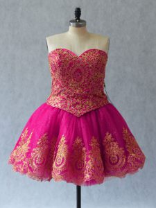 Adorable Fuchsia Tulle Lace Up Evening Dress Sleeveless Mini Length Appliques and Embroidery
