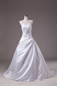 Stylish Beading Wedding Dresses White Lace Up Sleeveless Brush Train
