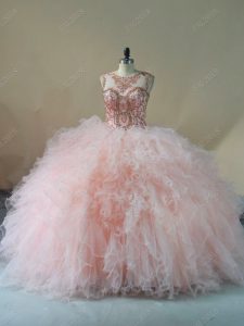 Glorious Pink Lace Up 15th Birthday Dress Beading and Ruffles Sleeveless Brush Train