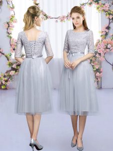 Grey Tulle Lace Up Dama Dress for Quinceanera Half Sleeves Tea Length Lace and Belt