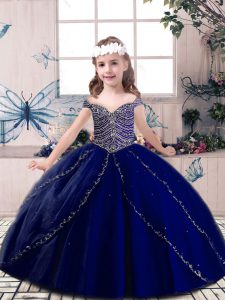 Blue Straps Lace Up Beading Little Girls Pageant Gowns Sleeveless
