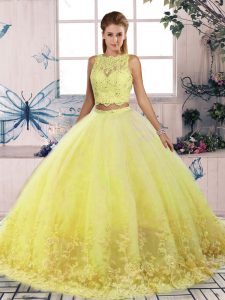 Scalloped Sleeveless Sweep Train Backless Sweet 16 Dresses Yellow Tulle
