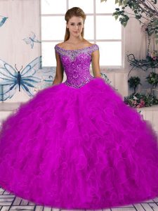 Sophisticated Sleeveless Beading and Ruffles Lace Up Quinceanera Dress with Fuchsia Brush Train