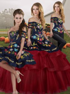 Classical Lace Up Sweet 16 Dresses Wine Red for Military Ball and Sweet 16 and Quinceanera with Embroidery and Ruffled Layers Brush Train
