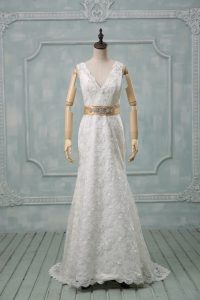 Trendy V-neck Sleeveless Brush Train Backless Wedding Dresses White Lace