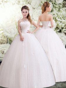 Shining Floor Length Lace Up Wedding Dresses White for Wedding Party with Appliques and Ruching