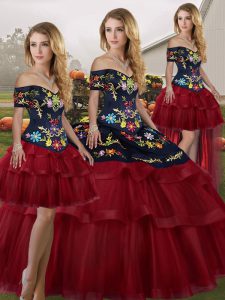 Extravagant Wine Red Tulle Lace Up Off The Shoulder Sleeveless Sweet 16 Dress Brush Train Embroidery and Ruffled Layers