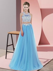 Custom Fit Baby Blue Two Pieces Tulle Halter Top Sleeveless Lace Floor Length Zipper Damas Dress