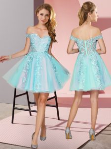 Free and Easy Aqua Blue A-line Tulle Off The Shoulder Sleeveless Lace Mini Length Zipper Vestidos de Damas