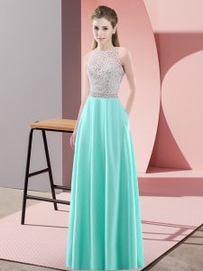 Custom Designed Apple Green Empire Beading Formal Evening Gowns Backless Satin Sleeveless Floor Length