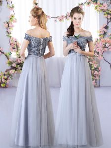 Dramatic Grey Sleeveless Floor Length Appliques Lace Up Bridesmaids Dress