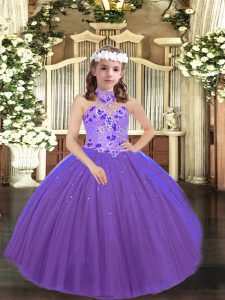 Top Selling Purple Ball Gowns Appliques Girls Pageant Dresses Lace Up Tulle Sleeveless Floor Length