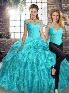 Aqua Blue Two Pieces Beading and Ruffles Sweet 16 Dresses Lace Up Organza Sleeveless