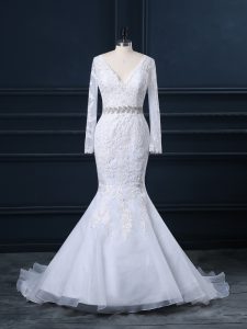 Custom Designed Brush Train Mermaid Bridal Gown White V-neck Organza Long Sleeves Backless