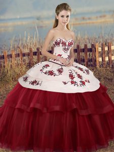 Super White And Red Quinceanera Gown Military Ball and Sweet 16 and Quinceanera with Embroidery and Bowknot Sweetheart Sleeveless Lace Up