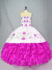 Simple Fuchsia Sweetheart Neckline Embroidery and Ruffled Layers Quinceanera Dress Sleeveless Lace Up