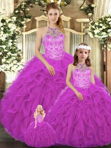 Fabulous Halter Top Sleeveless Lace Up 15 Quinceanera Dress Fuchsia Tulle