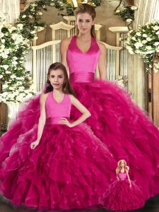 Fabulous Ball Gowns Quinceanera Gowns Fuchsia Halter Top Tulle Sleeveless Floor Length Lace Up