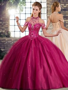 Sexy Fuchsia Sleeveless Beading Lace Up Quince Ball Gowns