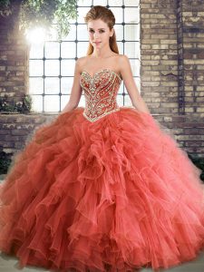 Affordable Coral Red Ball Gowns Beading and Ruffles Vestidos de Quinceanera Lace Up Tulle Sleeveless Floor Length