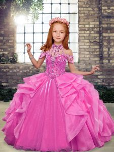 Beading and Ruffles Kids Formal Wear Rose Pink Lace Up Sleeveless Floor Length