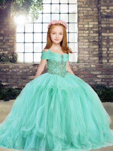 Straps Sleeveless Little Girl Pageant Gowns Floor Length Beading Apple Green Tulle