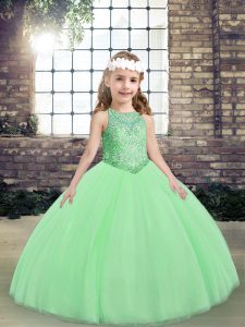 Sleeveless Floor Length Beading Lace Up Pageant Gowns For Girls with