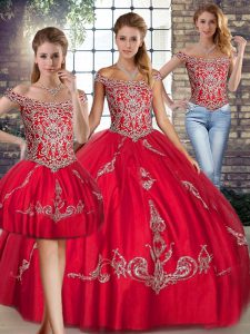 Attractive Red Off The Shoulder Lace Up Beading and Embroidery Sweet 16 Dress Sleeveless