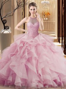 Cute Ball Gowns Sleeveless Pink 15 Quinceanera Dress Sweep Train Lace Up