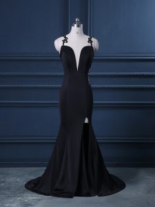 Exquisite Black Straps Zipper Lace Homecoming Dress Brush Train Sleeveless