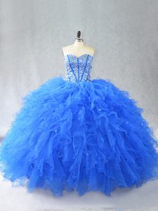 Blue Sleeveless Tulle Lace Up 15th Birthday Dress for Sweet 16 and Quinceanera