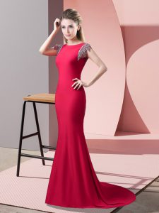 Pretty Coral Red Elastic Woven Satin Backless Going Out Dresses Short Sleeves Brush Train Beading