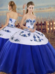 Sumptuous Royal Blue Ball Gowns Embroidery Quince Ball Gowns Lace Up Tulle Sleeveless Floor Length