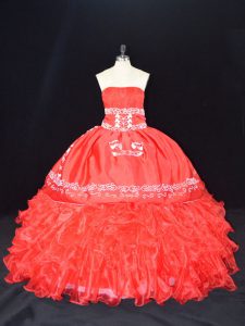 Low Price Red Organza Lace Up Quinceanera Gown Sleeveless Floor Length Embroidery and Ruffles