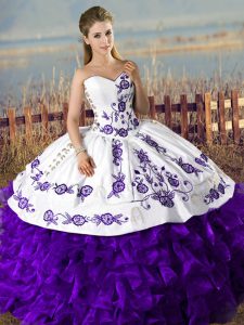 Satin and Organza Sweetheart Sleeveless Lace Up Embroidery and Ruffles Vestidos de Quinceanera in White And Purple