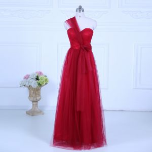 Dramatic Sleeveless Floor Length Ruching Zipper Quinceanera Court of Honor Dress with Wine Red