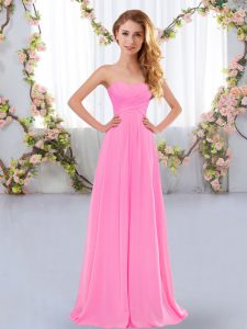 Rose Pink Sleeveless Floor Length Ruching Lace Up Quinceanera Court Dresses