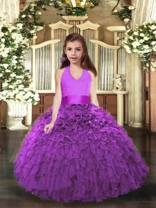On Sale Floor Length Eggplant Purple and Purple Little Girls Pageant Dress Wholesale Organza Sleeveless Ruffles