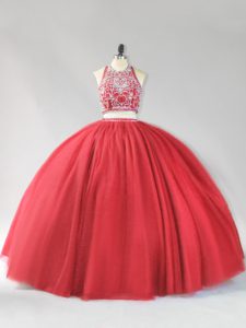 Red Sleeveless Tulle Backless Quince Ball Gowns for Sweet 16 and Quinceanera